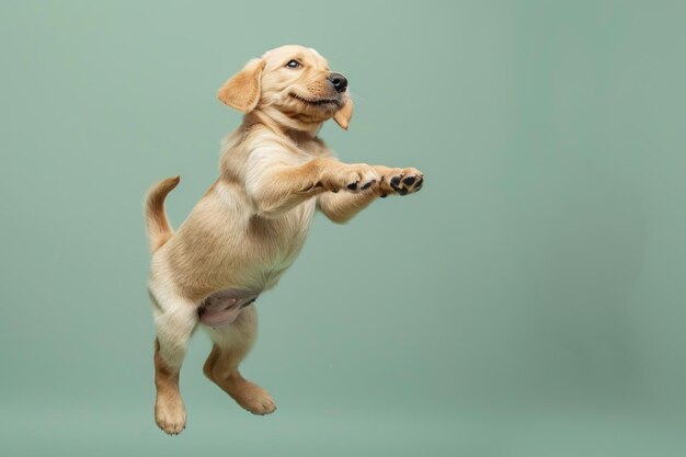 Photo energetic yellow labrador puppy midjump