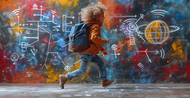 Energetic Young Boy Running in Front of a Graffiti Chalkboard Full of Colorful Mathematical and Scientific Drawings