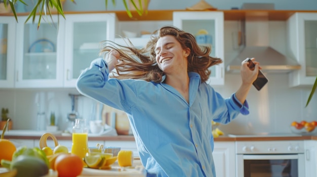 An energetic young man with long hair is wearing blue pajamas while dancing at home listening to music on a mobile phone