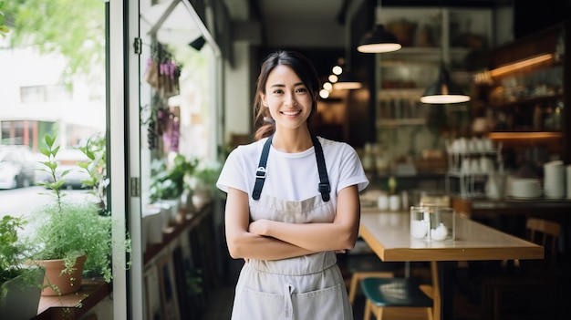 Energetic young woman in apron poses confidently outside bustling restaurant