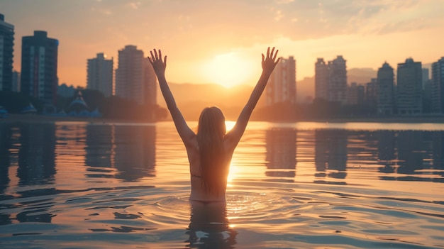 Energetic young woman with hands raised at morning sunrise