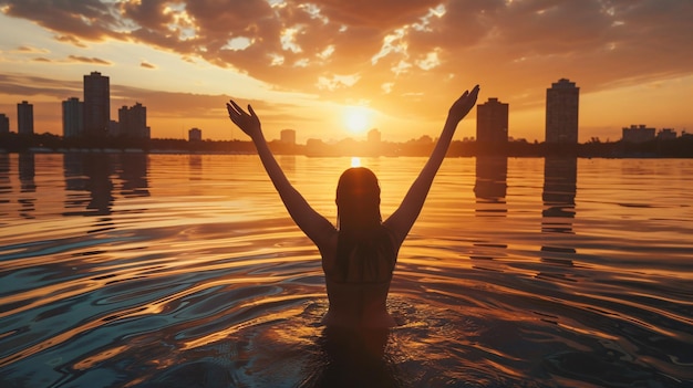 Energetic young woman with hands raised at morning sunrise