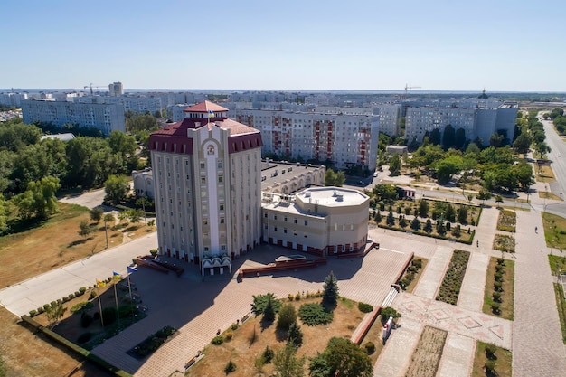 Energodar Ukraine 08302020 Aerial view of town Town hall The satellite city of Europe's most atomic power station Aerial photography