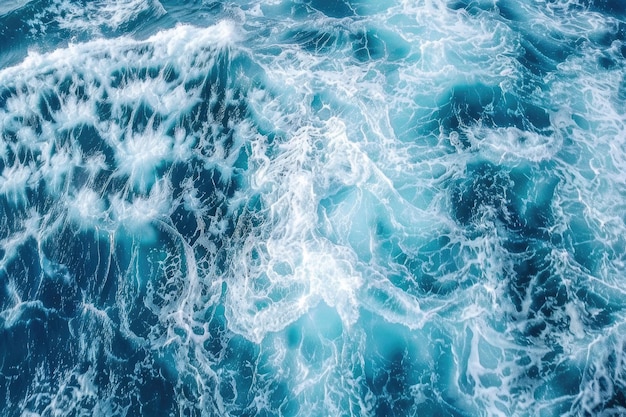 Energy of blue ocean and stormy waves captured from above Crashing wave in Atlantic with white foam