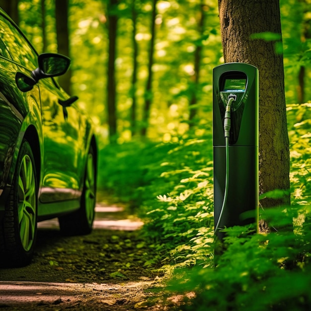 Energy of charging electric car close-up photo green forest, Generative AI