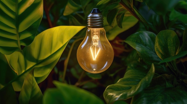 Energy conservation light bulb on the background of green leaves as a symbol