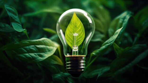 Energy conservation light bulb on the background of green leaves as a symbol