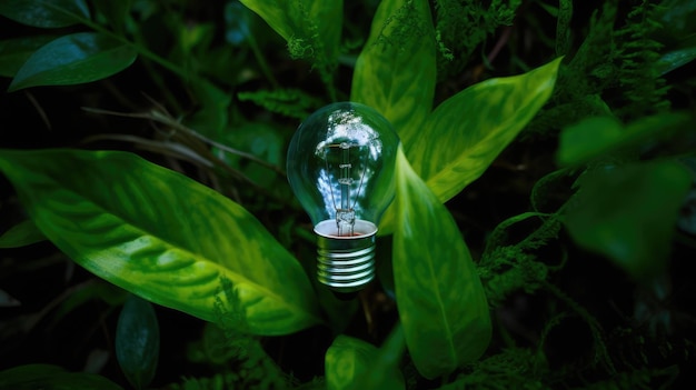 Energy conservation light bulb on the background of green leaves as a symbol