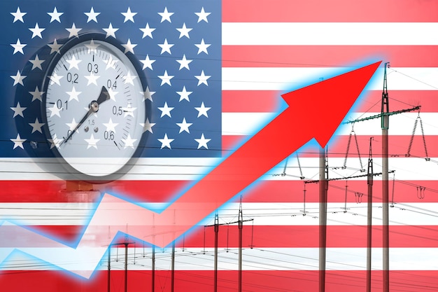 Energy crisis Graph on the background of the flag of America Global energy crisis concept