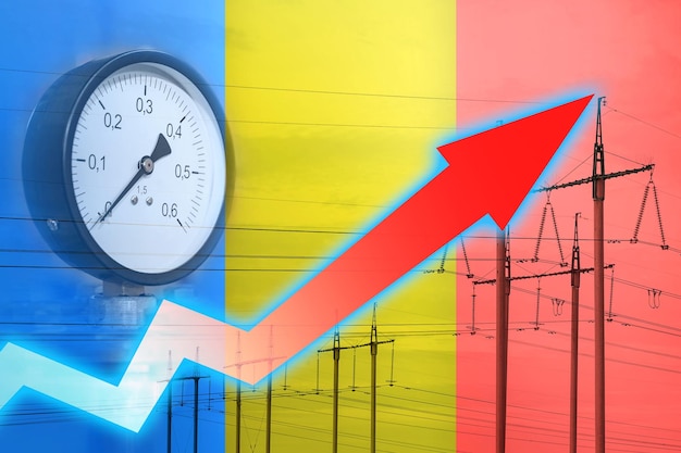 Energy crisis Graph on the background of the flag of Romania Global energy crisis concept