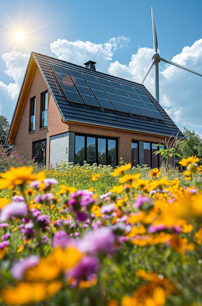 Energy efficient home equipped with solar panels on the roof and a wind generator