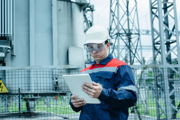 An energy engineer inspects the modern equipment of an electrical substation before commissioning Energy and industry Scheduled repair of electrical equipment