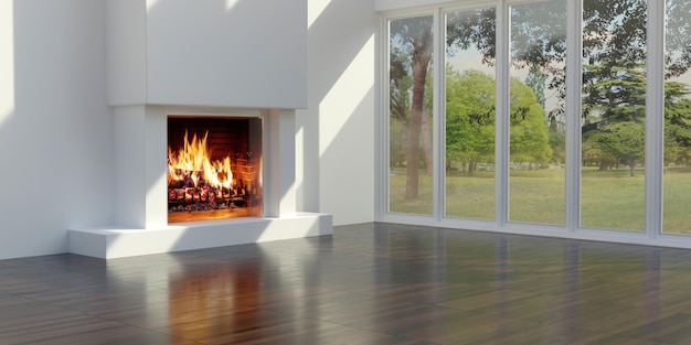 Energy Fireplace in white concrete wall wooden floor space Park through glass window 3d render