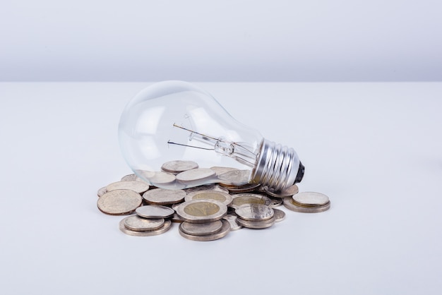 Energy incandescent lamp and money on white background