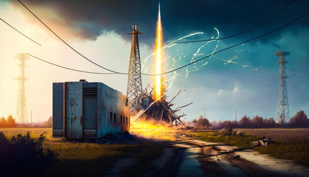 Photo energy infrastructure rocket fire on facilities fire in buildings generative ai