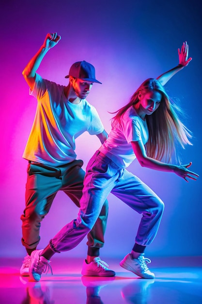 Photo energy of modern dance styles young people passionate man and woman dancing hiphop against gradient studio background in neon light concept of contemporary dance