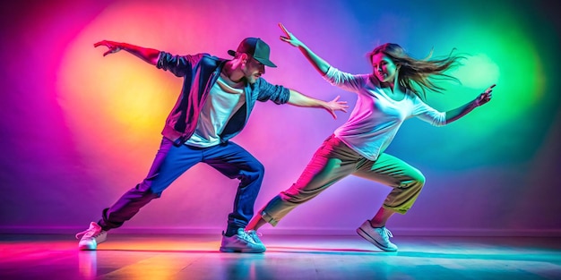 Photo energy of modern dance styles young people passionate man and woman dancing hiphop against gradient studio background in neon light concept of contemporary dance