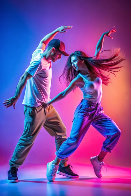 Photo energy of modern dance styles young people passionate man and woman dancing hiphop against gradient studio background in neon light concept of contemporary dance