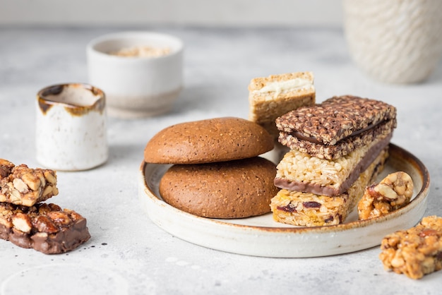 Energy protein bars in ceramic plate Healthy sweet dessert snack