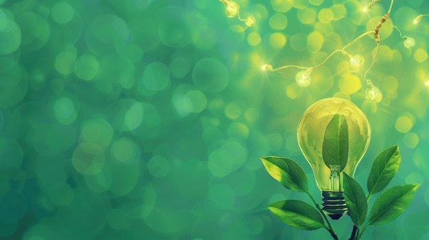 Energy saving day Light bulb among green leaves on a green background Environmental protection renewable sustainable energy sources Earth Day Save world and energy power Free space for text