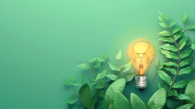 Energy saving day Light bulb among green leaves on a green background Environmental protection renewable sustainable energy sources Earth Day Save world and energy power Free space for text