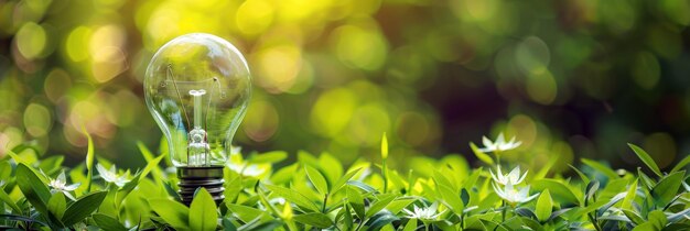 Energy saving day Light bulb among green leaves on a green background Environmental protection renewable sustainable energy sources Earth Day Save world and energy power Free space for text