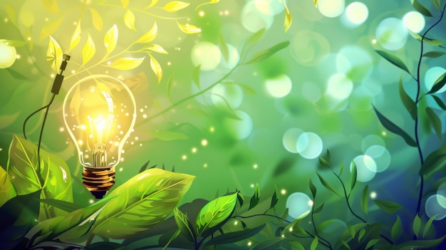 Energy saving day Light bulb among green leaves on a green background Environmental protection renewable sustainable energy sources Earth Day Save world and energy power Free space for text