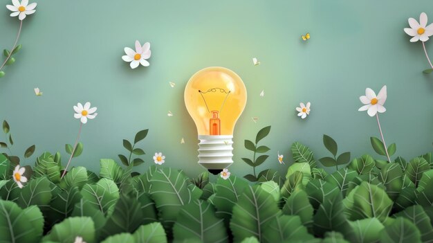 Energy saving day Light bulb among green leaves on a green background Environmental protection renewable sustainable energy sources Earth Day Save world and energy power Free space for text