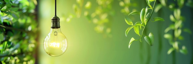 Energy saving day Light bulb among green leaves on a green background Environmental protection renewable sustainable energy sources Earth Day Save world and energy power Free space for text