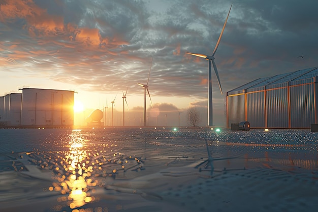 Energy Storage System with Wind Farm at Sunrise Illustrating Renewable Solutions