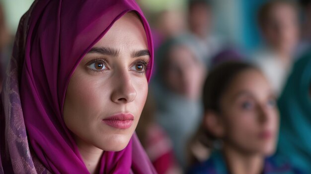 An engaged audience listens as a woman in a pink headscarf demonstrates focus and contemplation reflecting the desire for knowledge and connection during the event