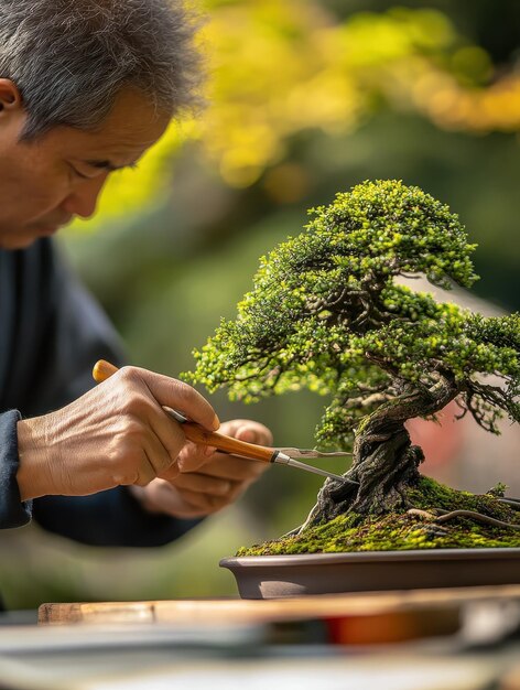 Photo engaged bonsai enthusiast carefully pruning miniature trees with precision tools