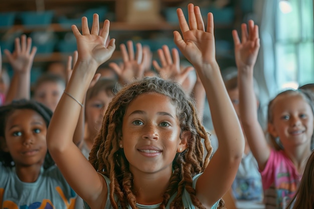 Photo engaged children raising hands in a classroom setting