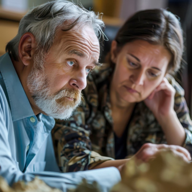 Engaged Discussion Between Two Individuals Analyzing Geological Samples in a WellLit Room