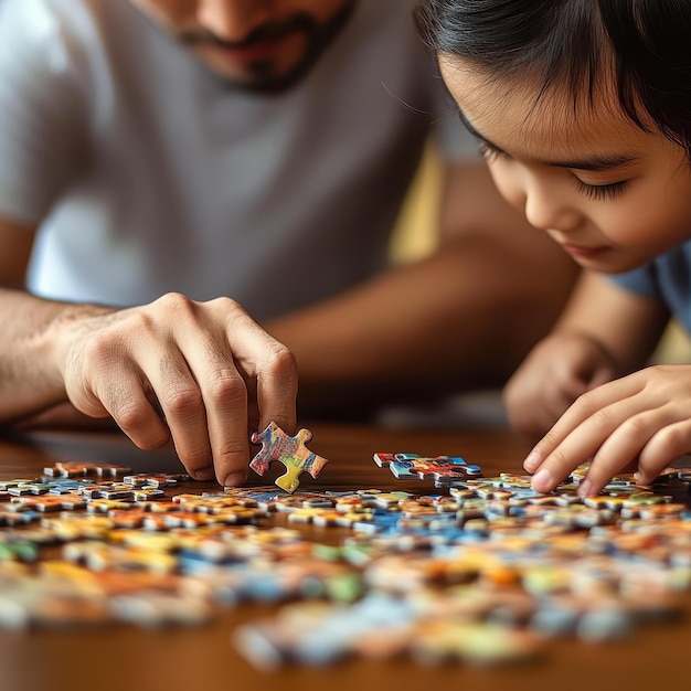 Engaged Parent and Child Building Puzzle on Table