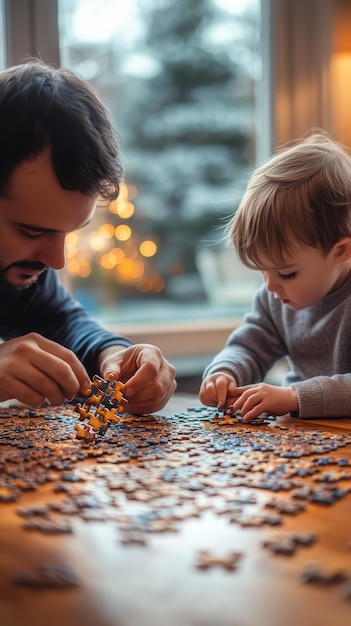 Photo engaged parent and child building puzzle on table