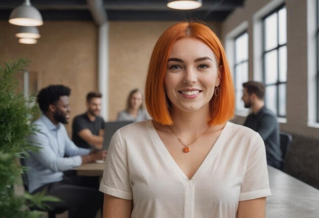 Engaged redhead woman in a casual office meeting expressing approachability and professionalism