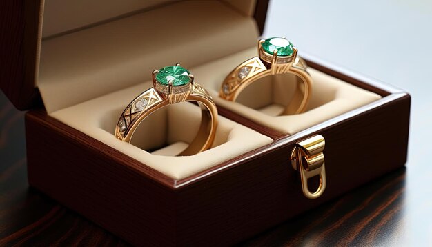 Photo engagement ring set boxes in the style of light gold and emerald