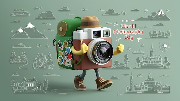 An engaging 3D flat design image of a camera designed to look like its on an adventure