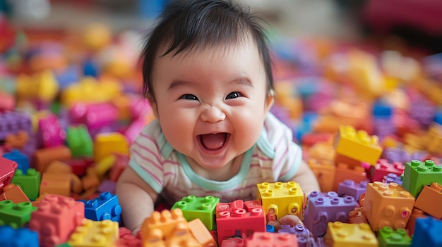 Engaging Baby Joyfully Interacting with Vibrantly Colored Blocks Captured in Lively Moment