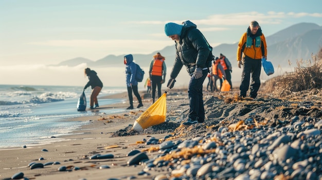 Photo engaging in a group volunteering activity for cleaning up the beach on a beautiful sunny day aig62