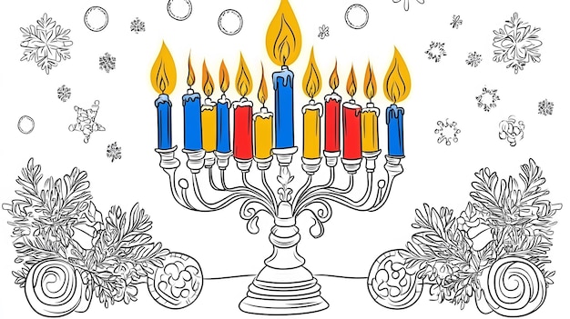 Photo engaging hanukkah coloring book page with menorahs dreidels and decorative candles ready for kids to fill with color