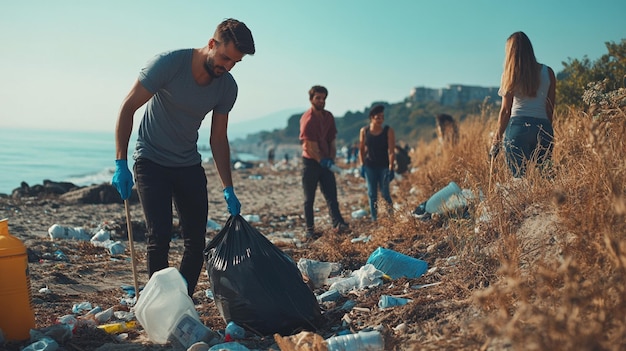 Photo engaging image of a group of enthusiastic volunteers cleaning a public space for community betterment