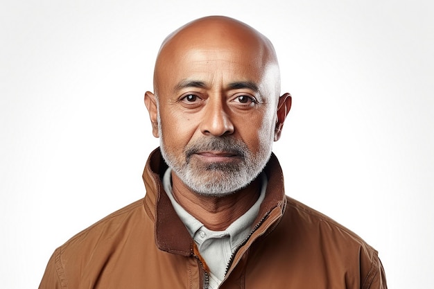 Engaging middle aged Indian man in a bonny jacket on a white background