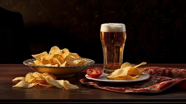 A engaging snack of brew and chips Creative resource AI Generated