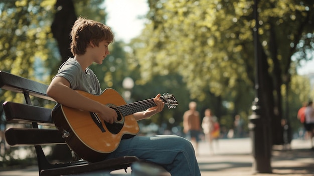 Engaging Teenage Guitarist Performing Melodies on a Park Bench for Relaxation and Fun