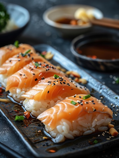 Engawa Nigiri sushi with halibut sesame and fish roe on a black background close up