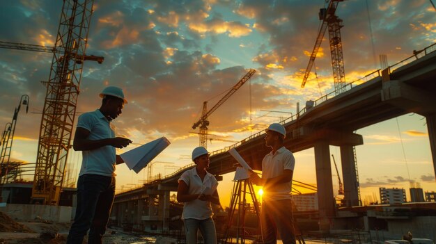 engeneers are discussing bridge construction one men hold blueprints wearing uniform and hard hats