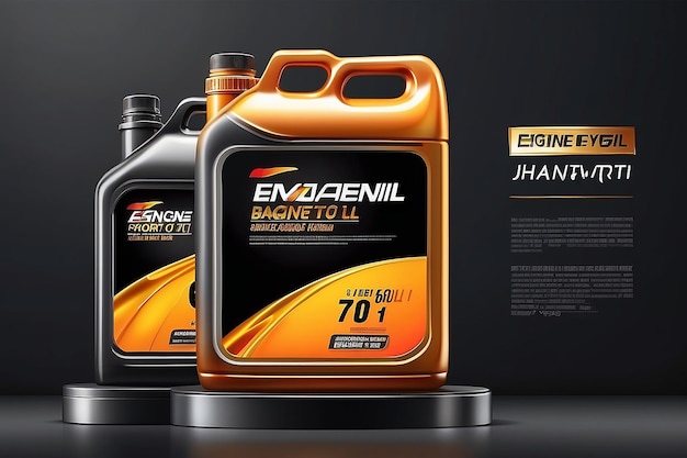 Engine oil advertising banner Realistic vector illustration with canister