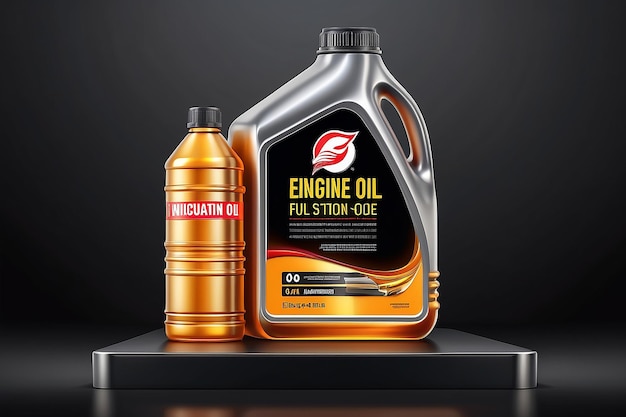 Engine oil advertising banner Realistic vector illustration with canister